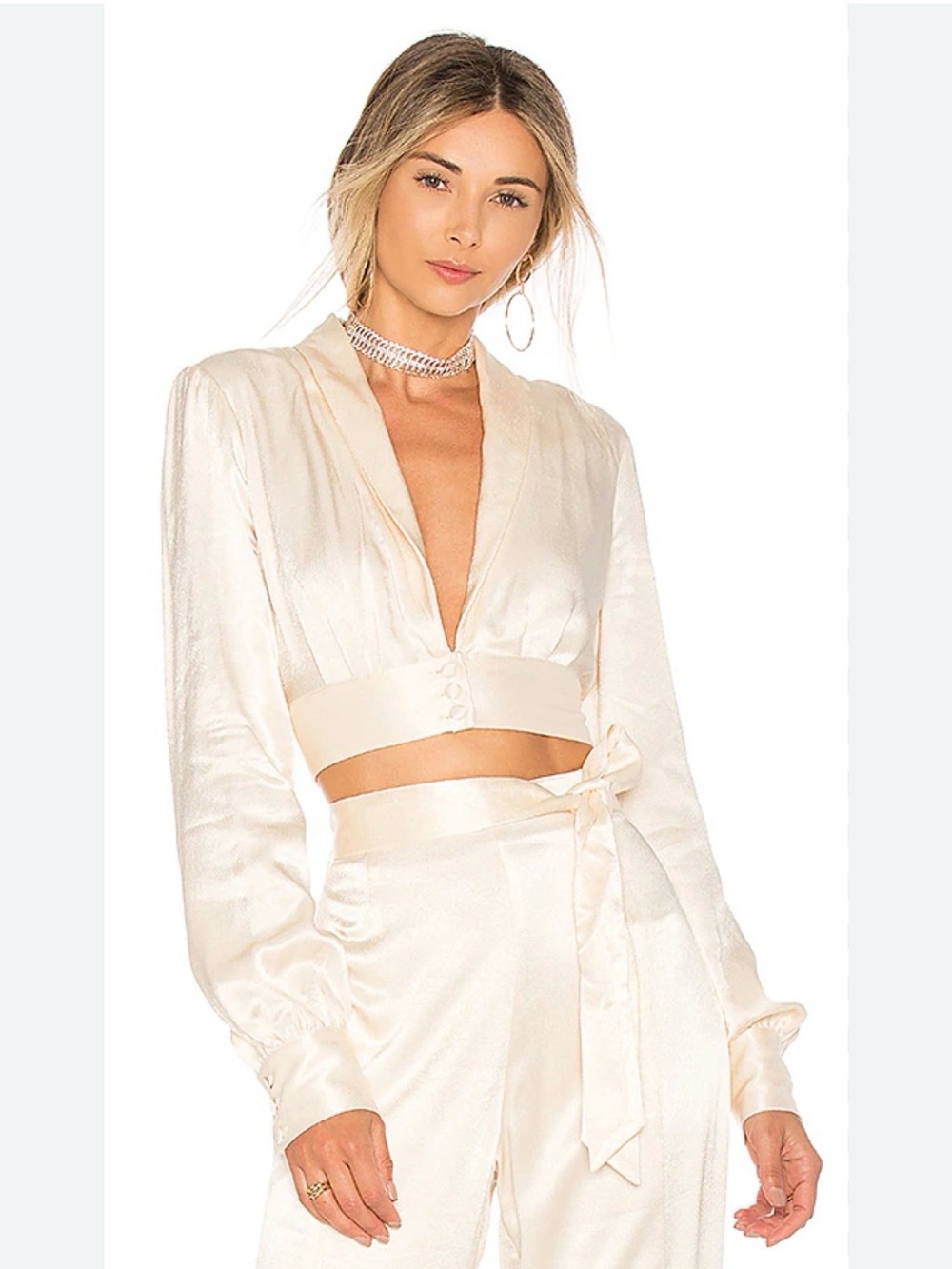 Lovers and Friends Elegant Cream Textured Satin Cropped Blouse with Button Waist
